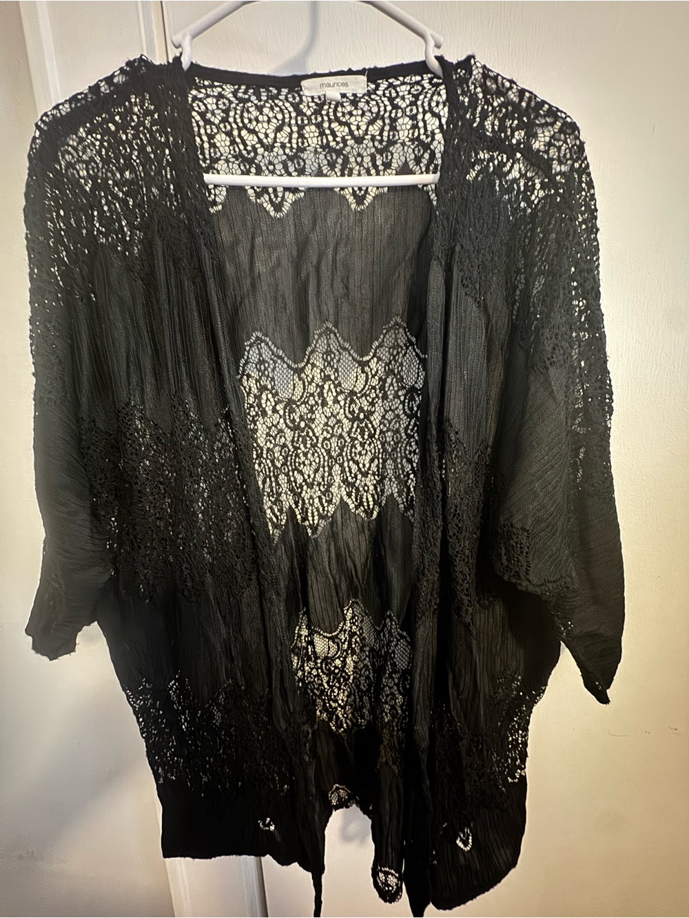 Maurices Black Sheer Lace Open-Front Kimono Cape